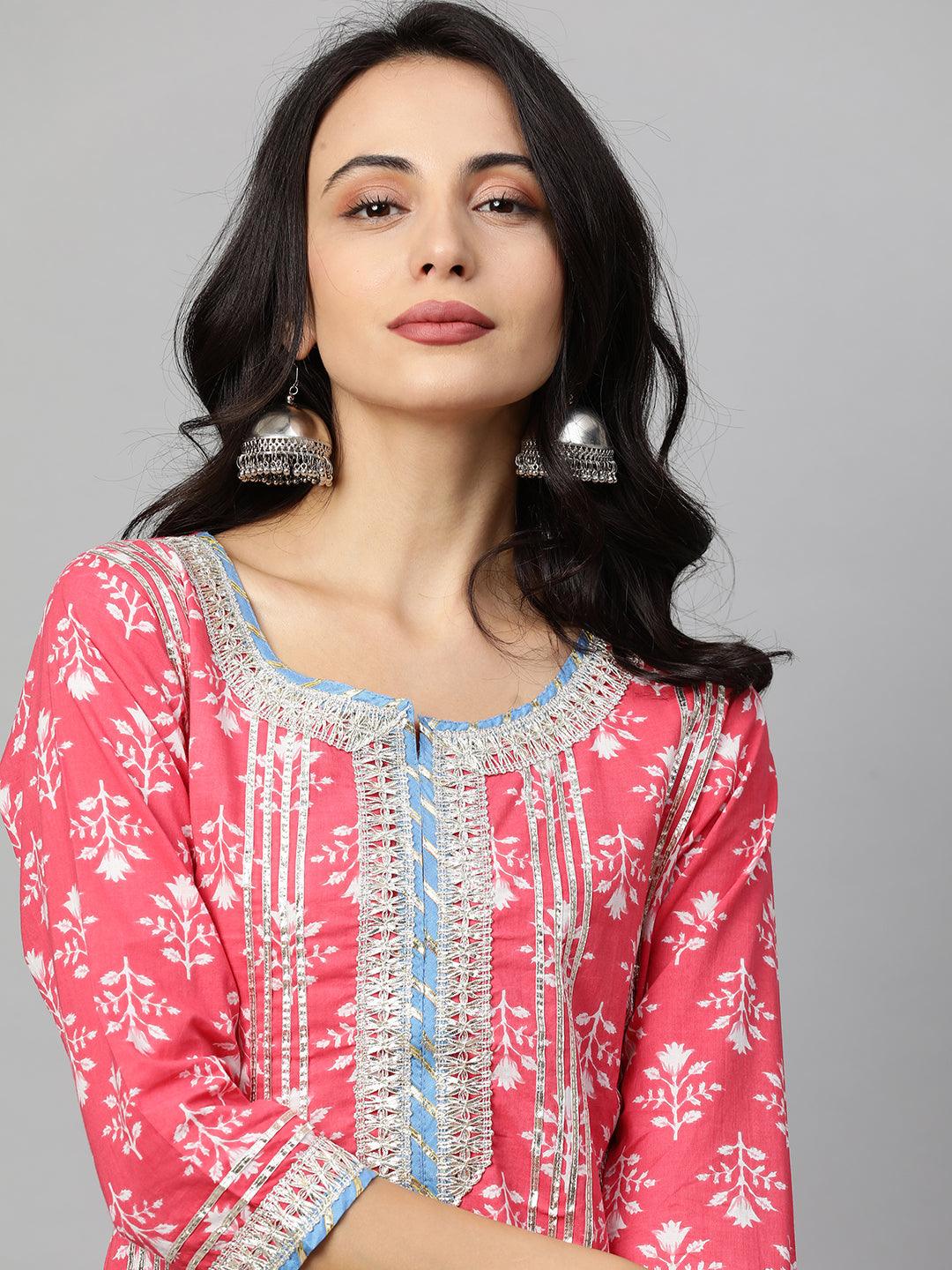 Floral Printed Kurta & Leheriya Sharara with Dupatta - Brink Pink - Indiakreations