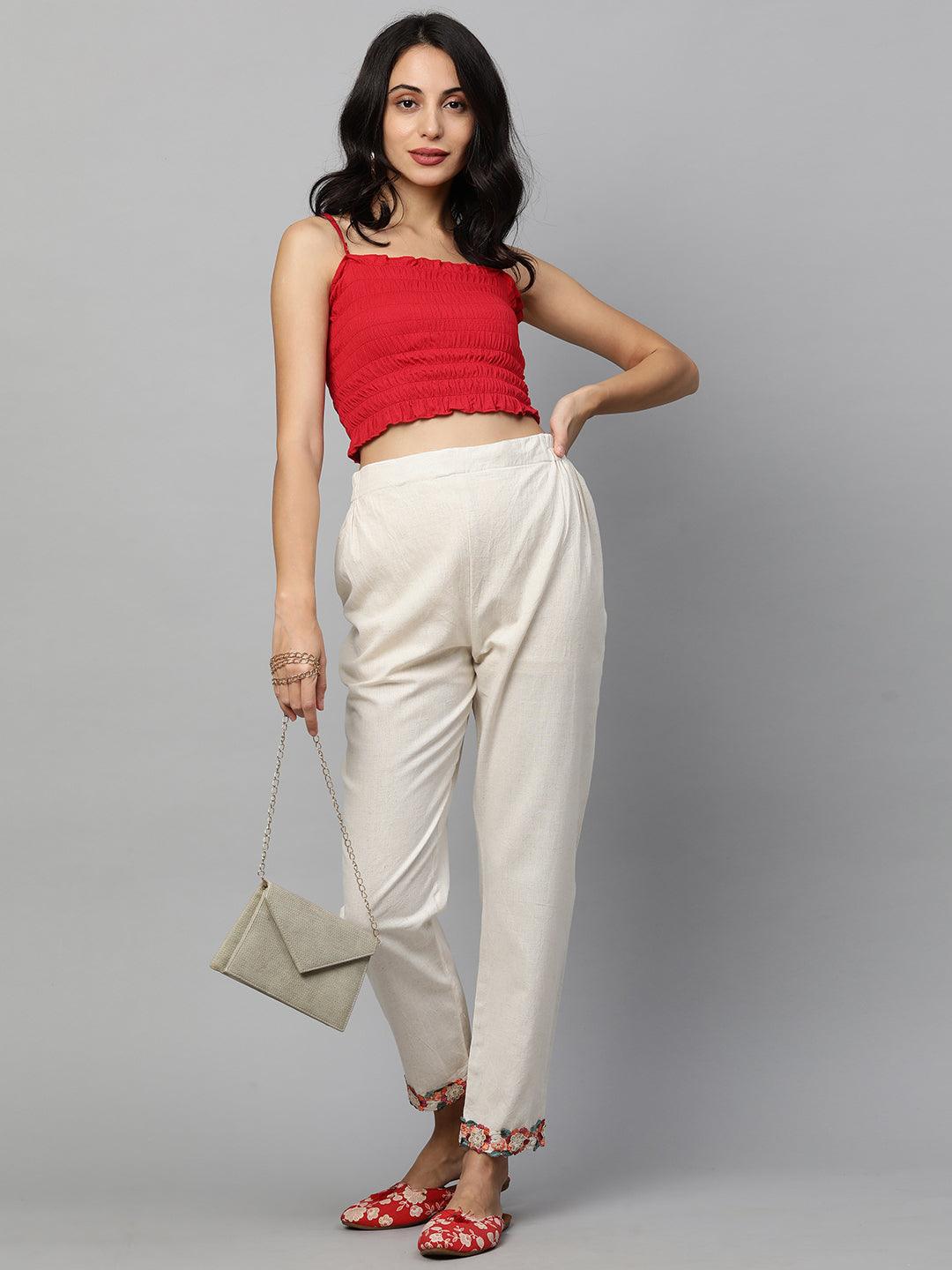 Floral Embroidered Scallop Straight Pant - Off White - Indiakreations