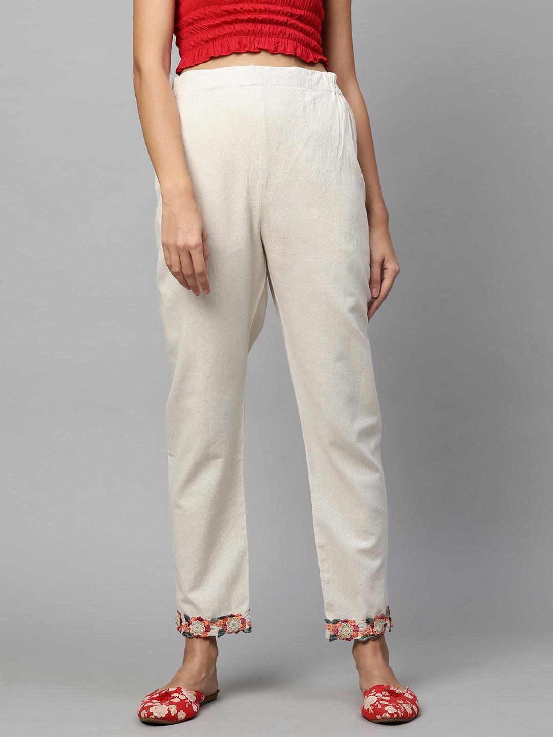 Floral Embroidered Scallop Straight Pant - Off White - Indiakreations