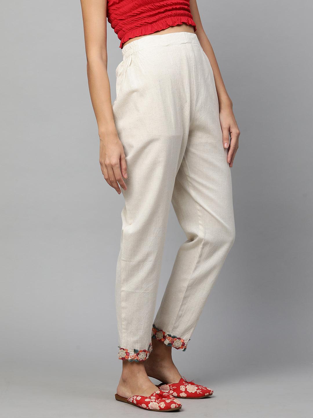 Floral Embroidered Scallop Straight Pant - Off White - Indiakreations