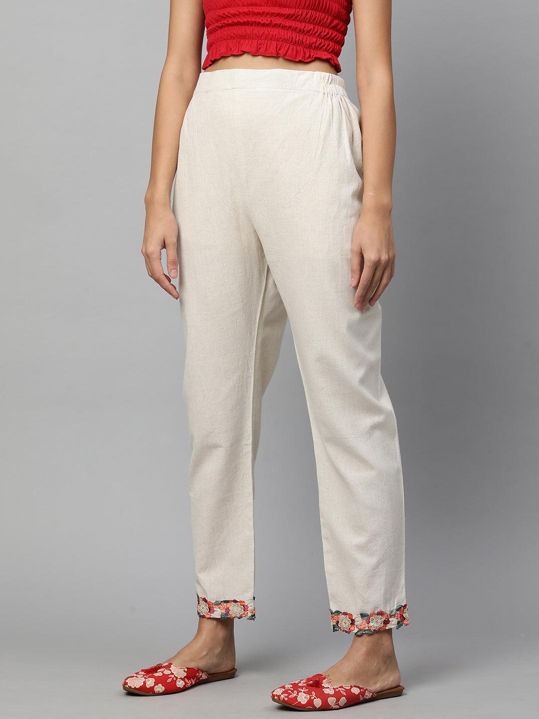 Floral Embroidered Scallop Straight Pant - Off White - Indiakreations