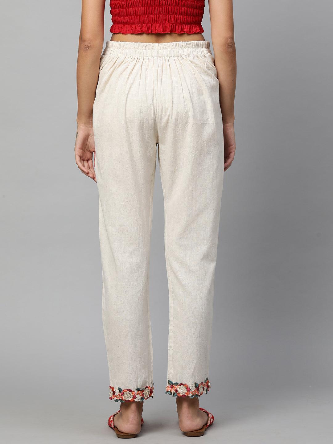 Floral Embroidered Scallop Straight Pant - Off White - Indiakreations