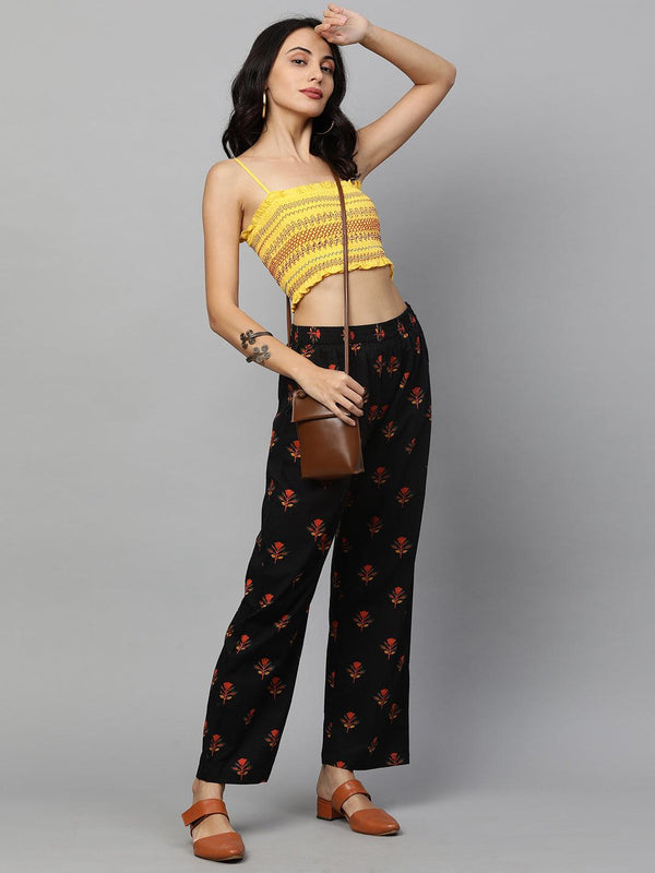 Ethnic Floral Printed Straight Pant - Black - Indiakreations