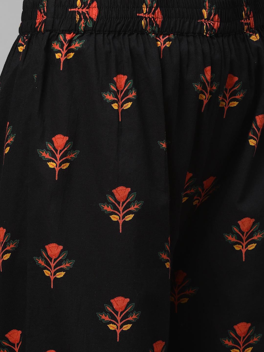 Ethnic Floral Printed Straight Pant - Black - Indiakreations