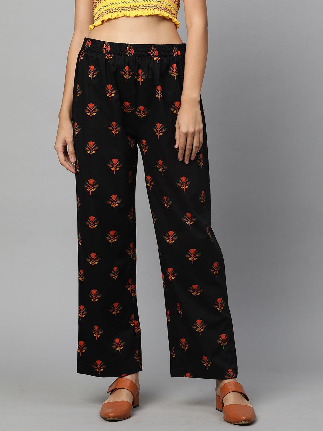 Ethnic Floral Printed Straight Pant - Black - Indiakreations