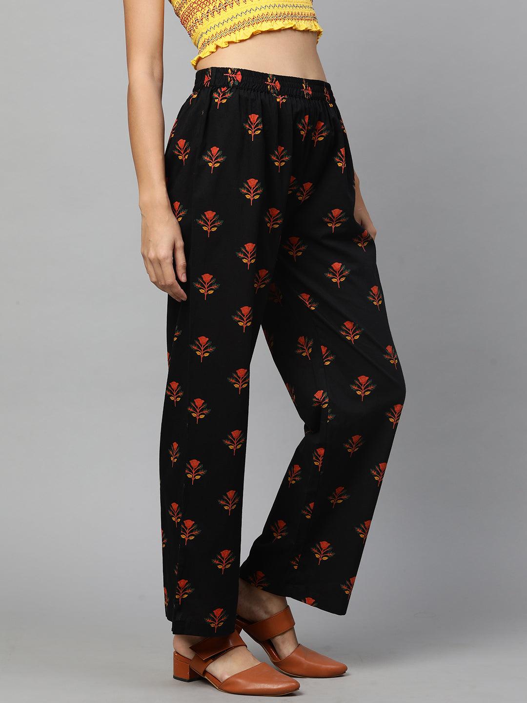 Ethnic Floral Printed Straight Pant - Black - Indiakreations