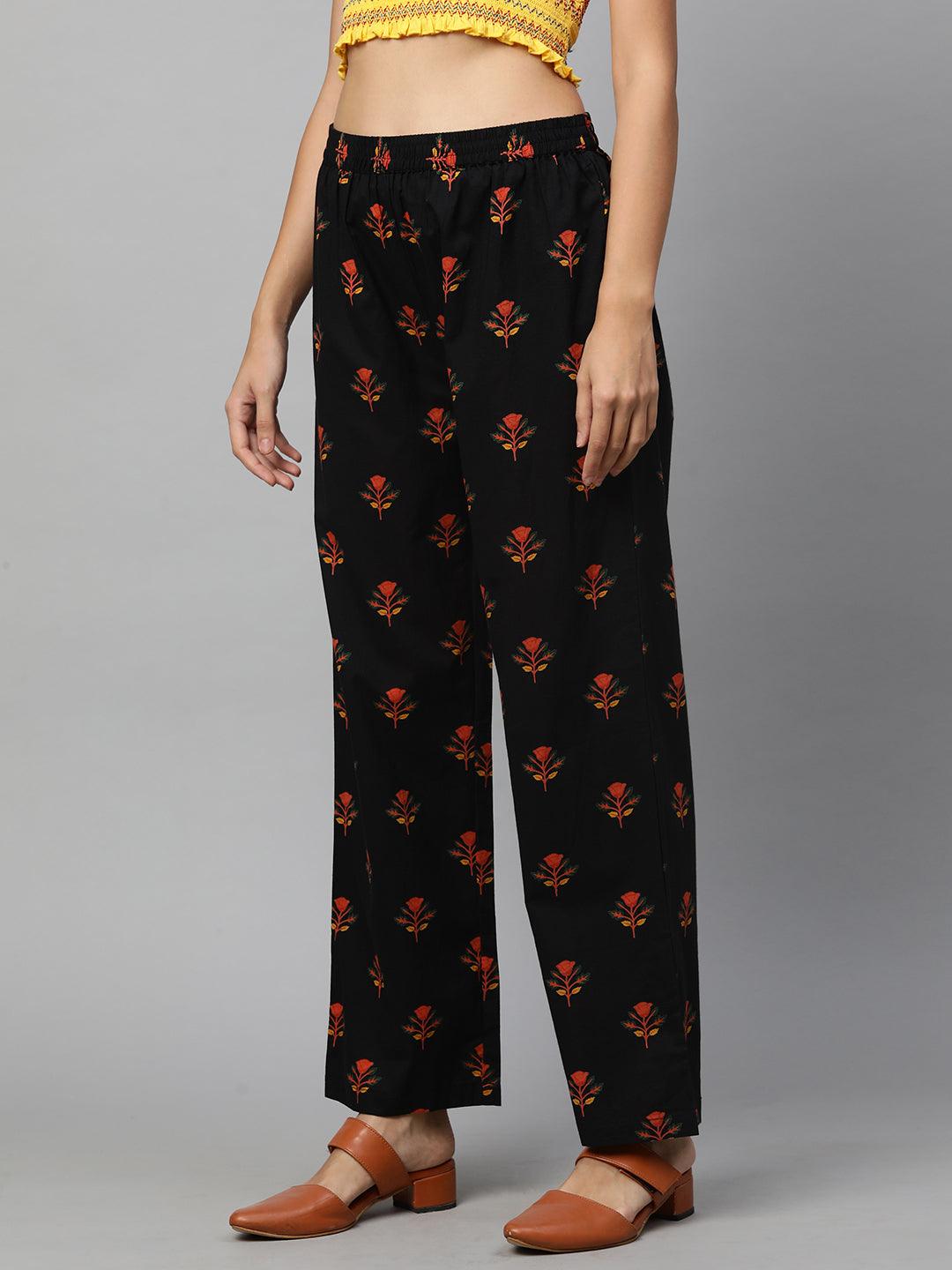 Ethnic Floral Printed Straight Pant - Black - Indiakreations