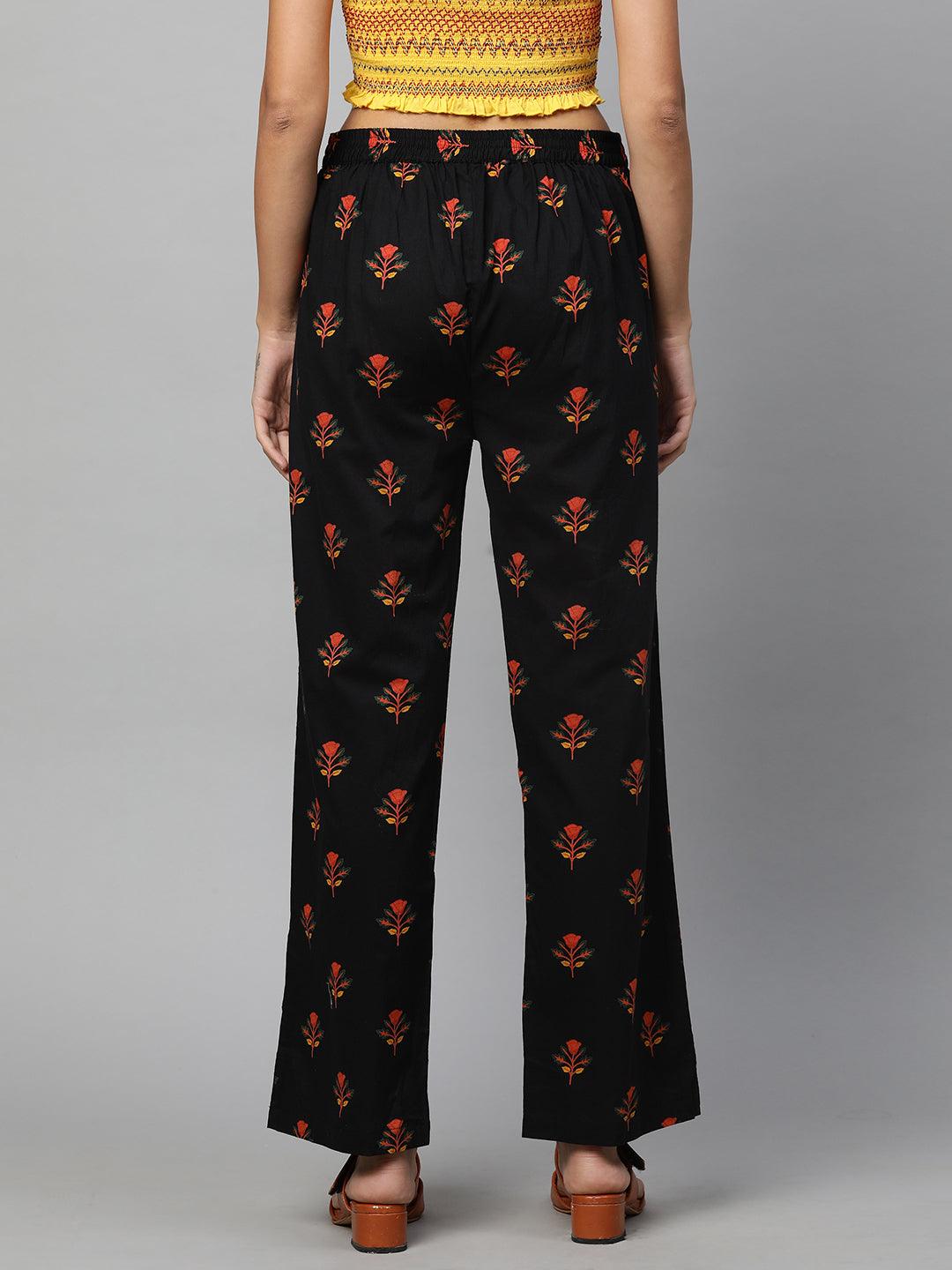 Ethnic Floral Printed Straight Pant - Black - Indiakreations