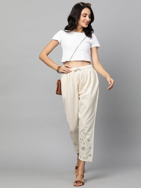 Gota Embroidered Ankle Pant - Off White - Indiakreations