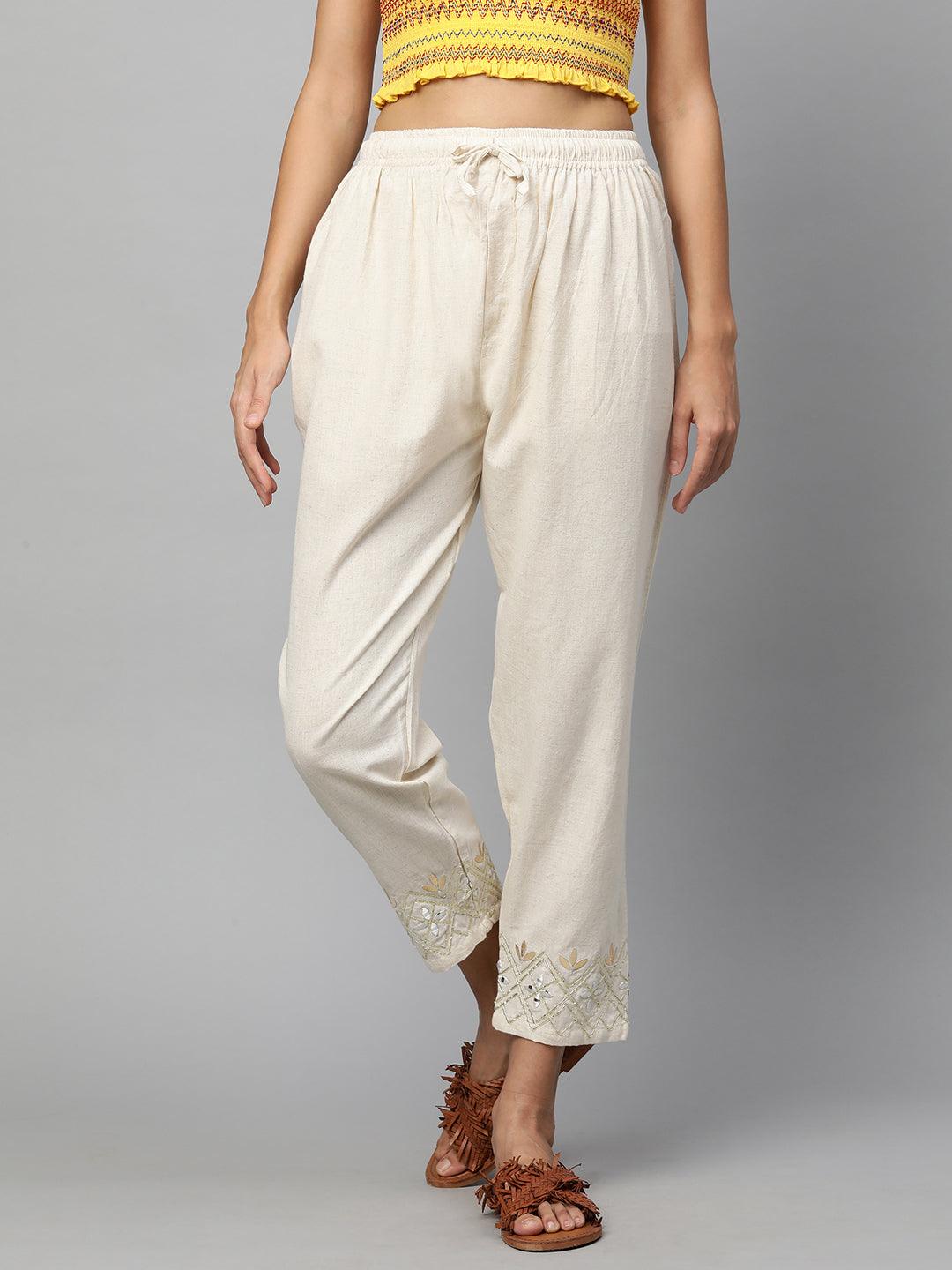 Gota Embroidered Ankle Pant - Off White - Indiakreations