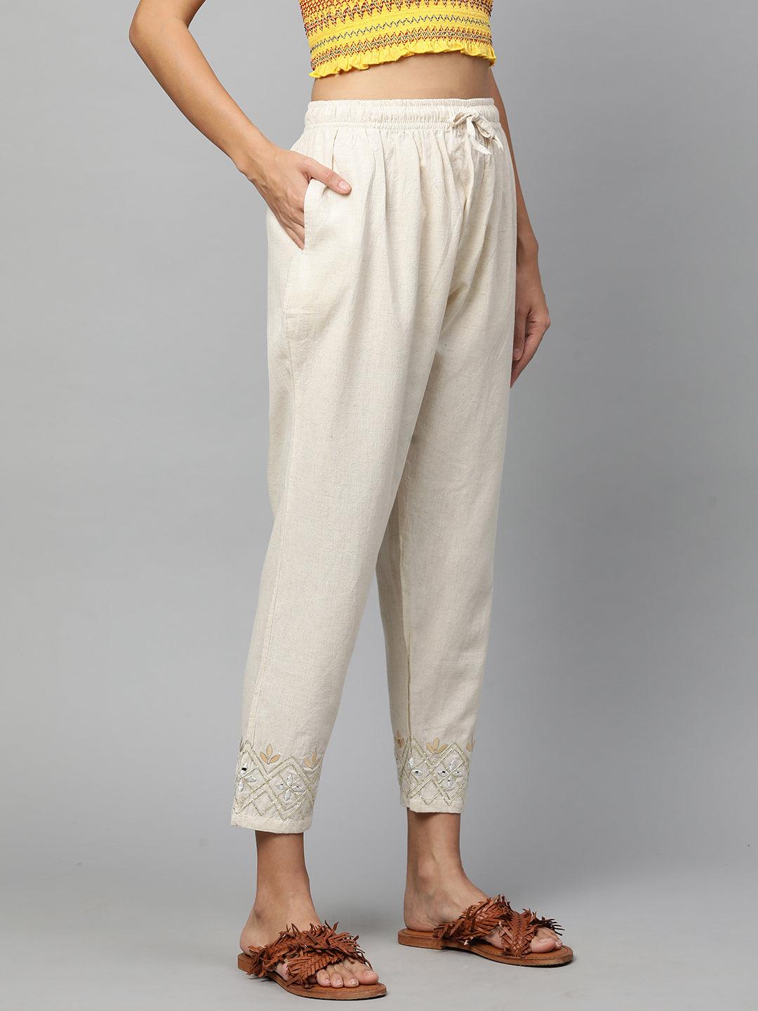 Gota Embroidered Ankle Pant - Off White - Indiakreations