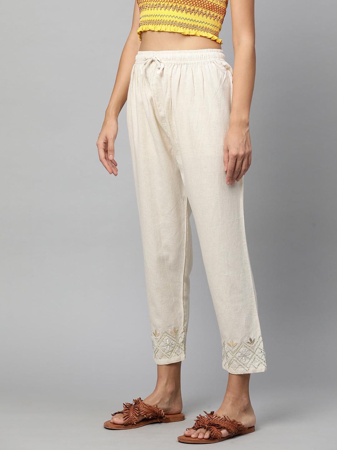 Gota Embroidered Ankle Pant - Off White - Indiakreations