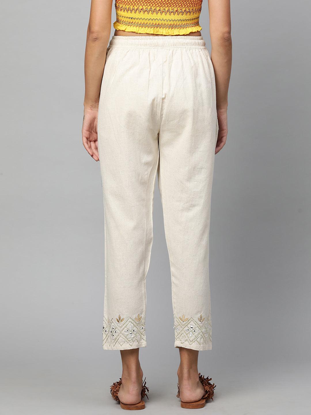 Gota Embroidered Ankle Pant - Off White - Indiakreations