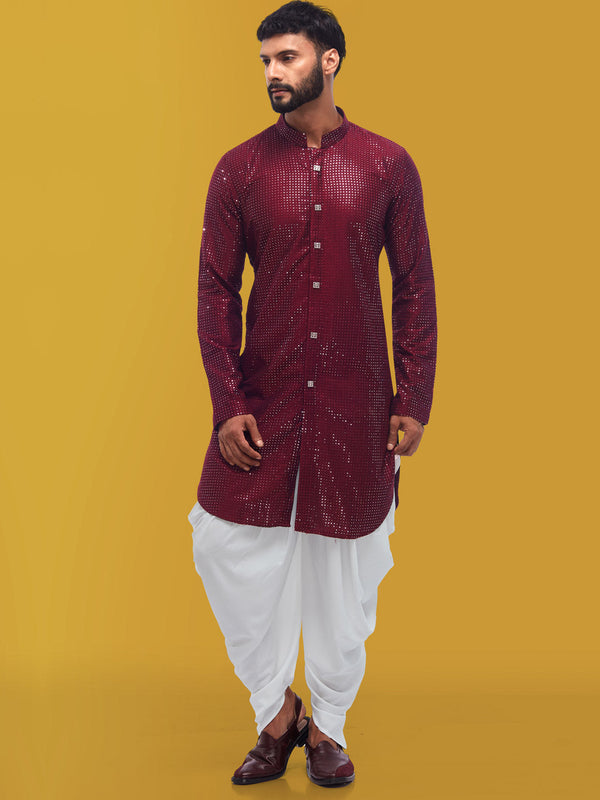 Men Maroon Sequenced Kurta in Cotton Silk