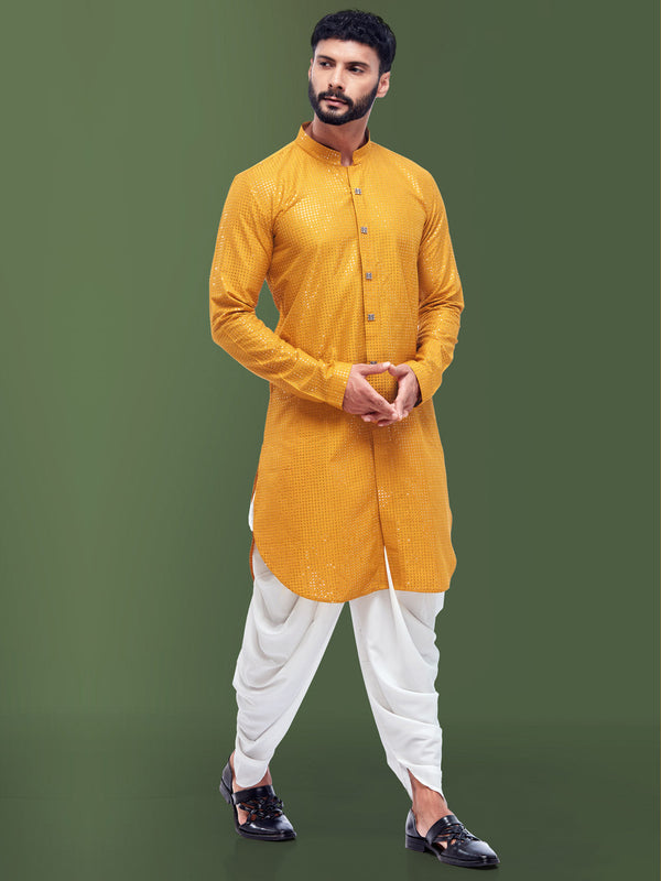 Alluring Yellow Ethnic Motif Heavy Work Cotton Silk Kurta