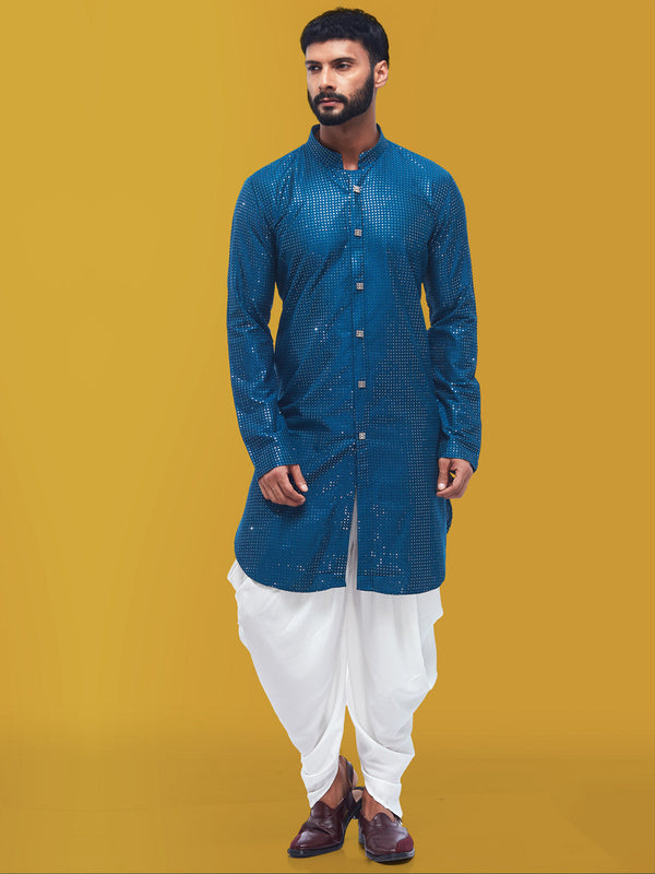 Gorgeous Men Turquoise Blue Sequenced Cotton Silk Kurta