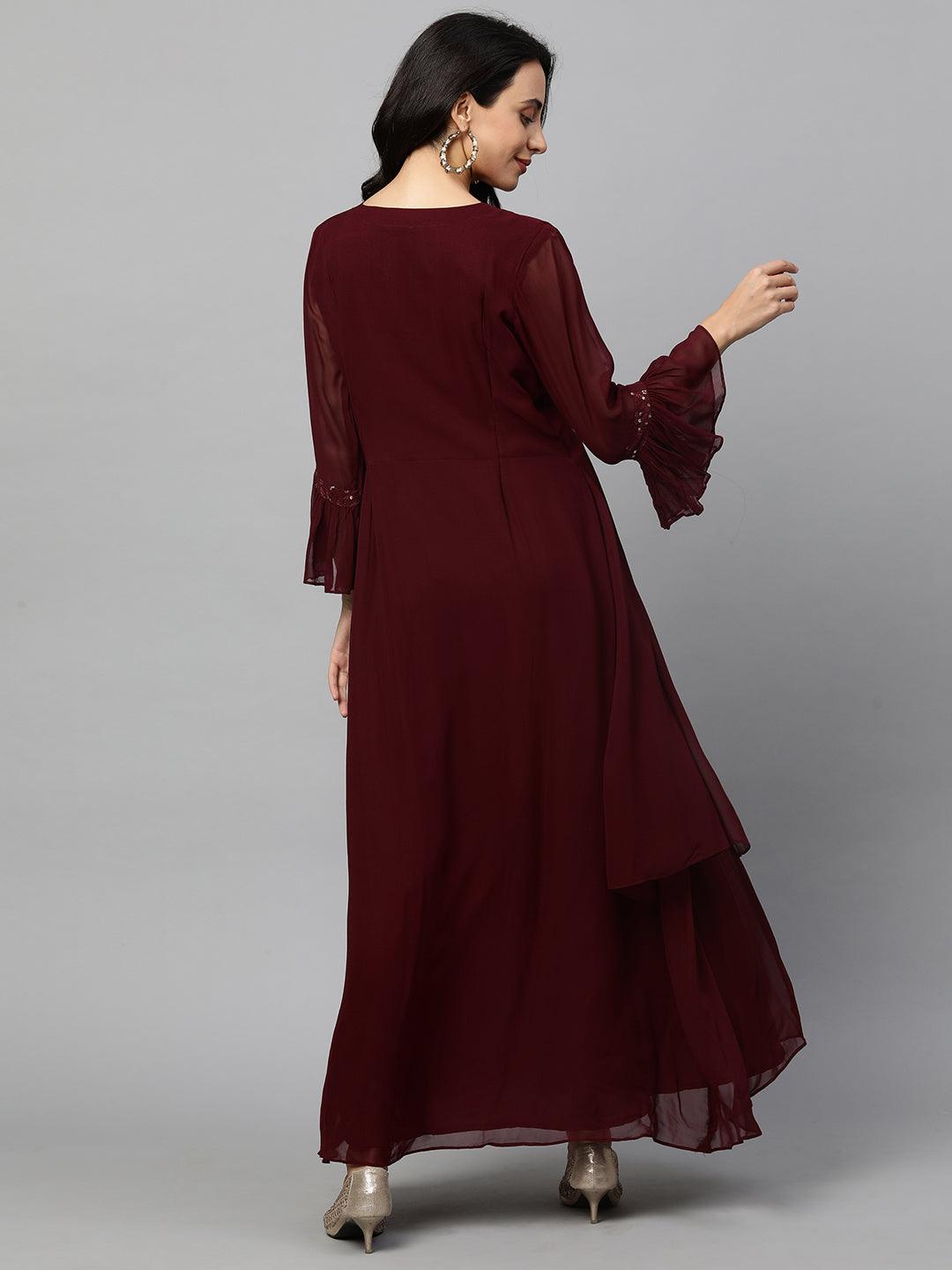 Sequin Embroidered Layered Maxi Gown - Wine - Indiakreations