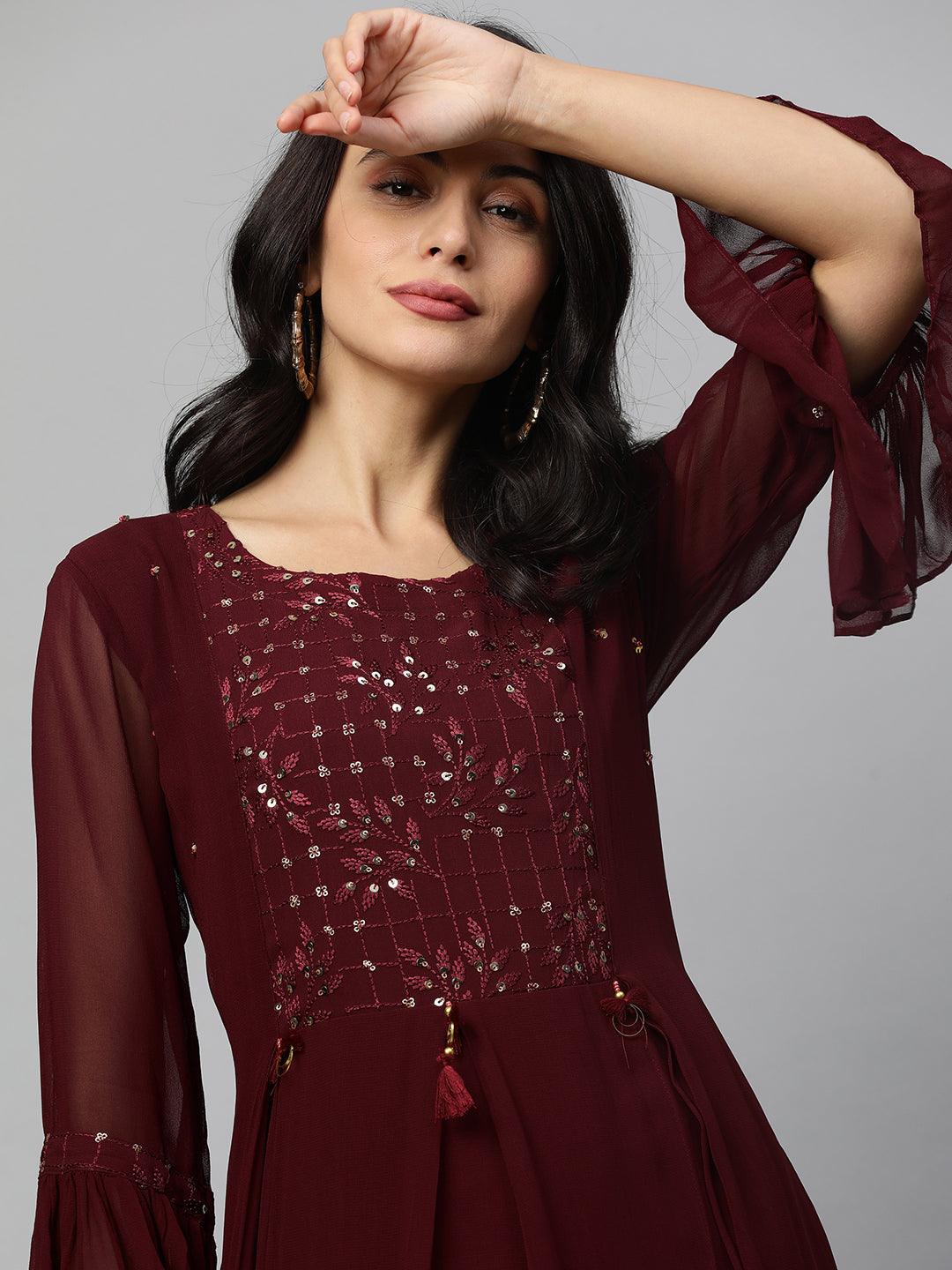 Sequin Embroidered Layered Maxi Gown - Wine - Indiakreations