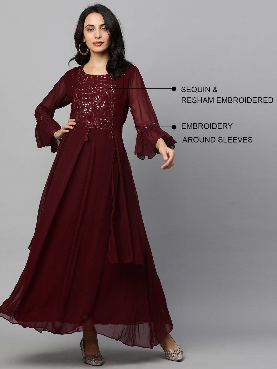 Sequin Embroidered Layered Maxi Gown - Wine - Indiakreations