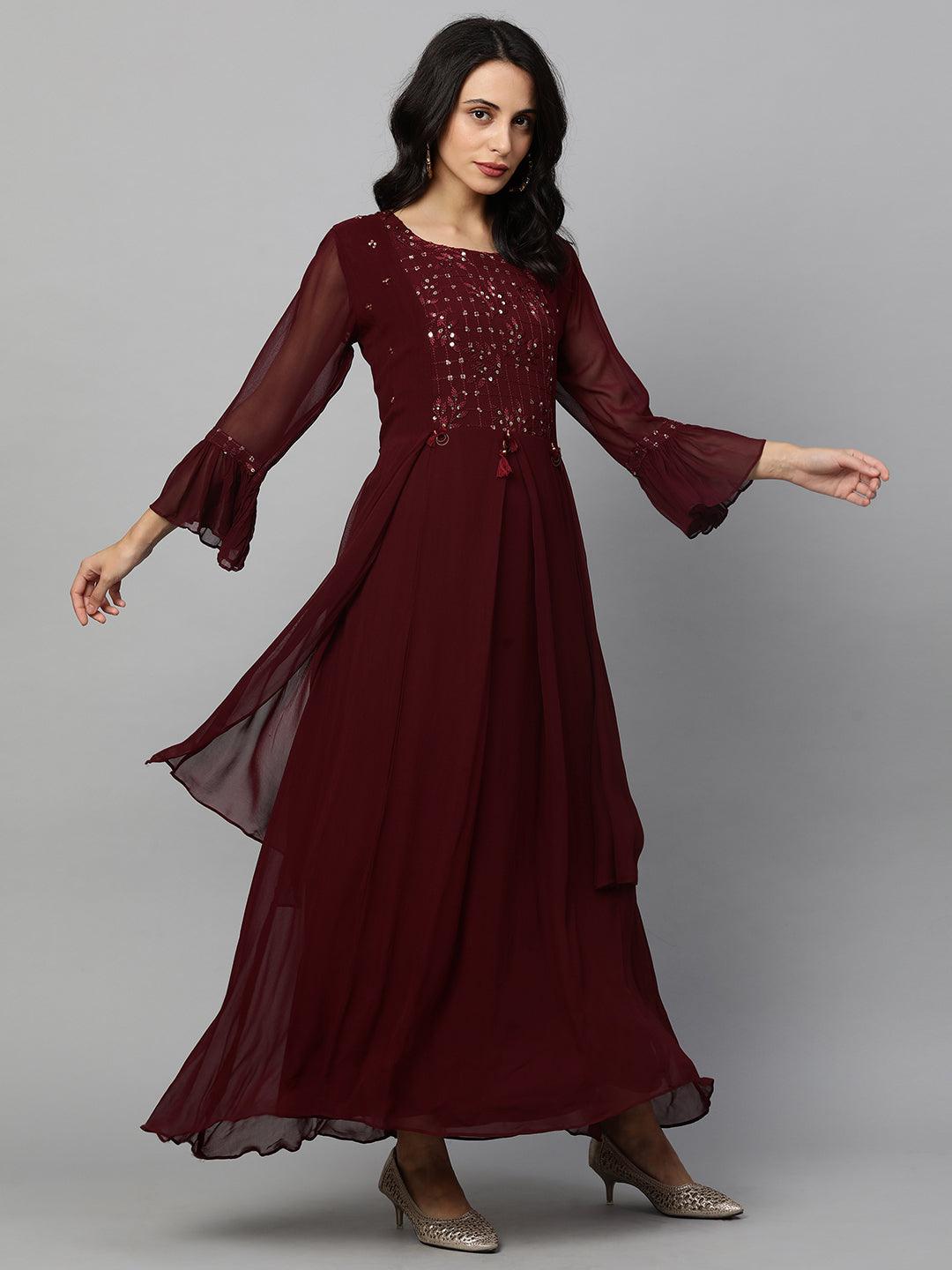 Sequin Embroidered Layered Maxi Gown - Wine - Indiakreations