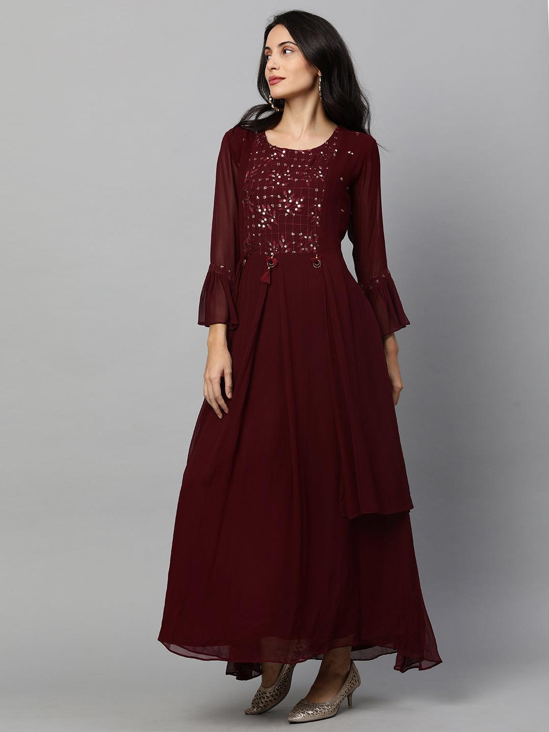 Sequin Embroidered Layered Maxi Gown - Wine - Indiakreations