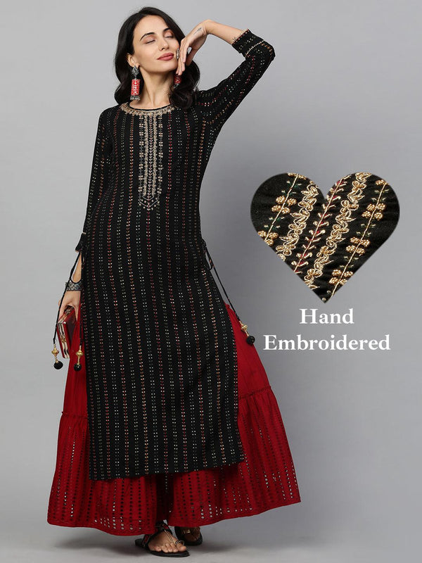 Ethnic Printed & Hand Embroidered Straight Kurta - Black - Indiakreations