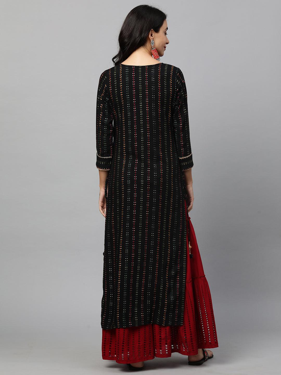 Ethnic Printed & Hand Embroidered Straight Kurta - Black - Indiakreations