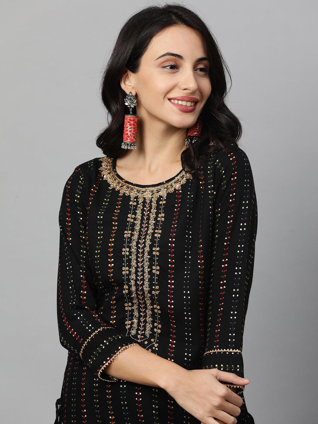 Ethnic Printed & Hand Embroidered Straight Kurta - Black - Indiakreations