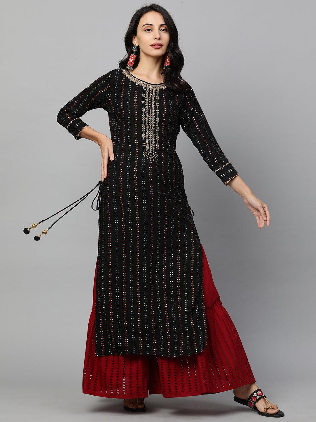 Ethnic Printed & Hand Embroidered Straight Kurta - Black - Indiakreations