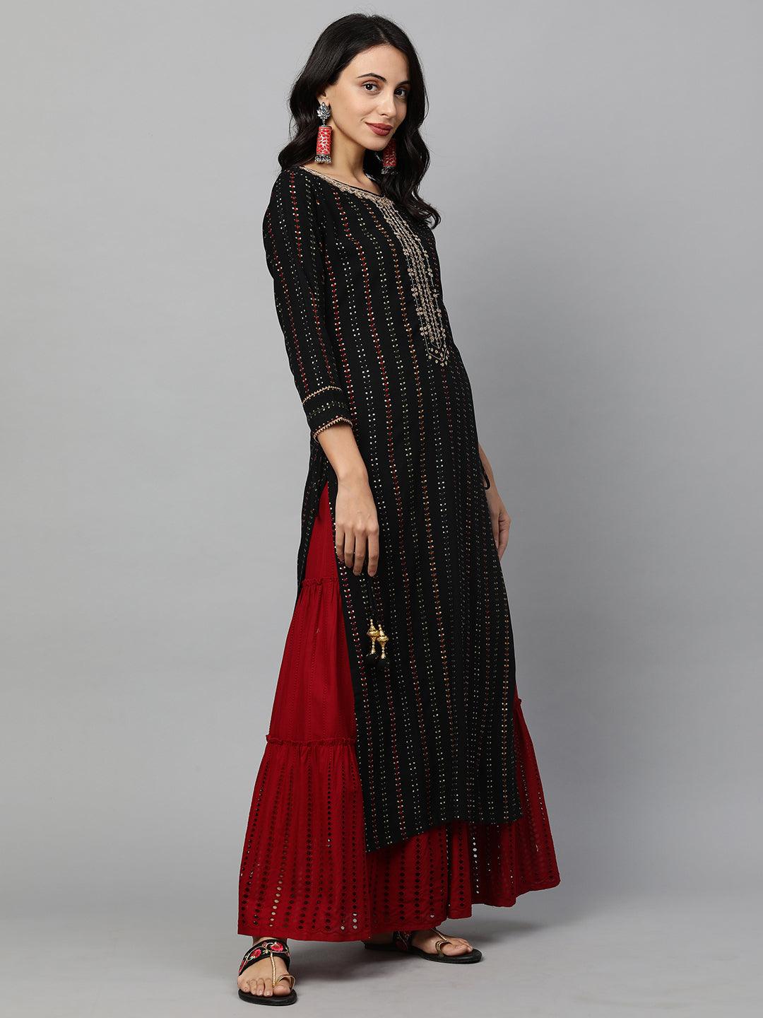 Ethnic Printed & Hand Embroidered Straight Kurta - Black - Indiakreations