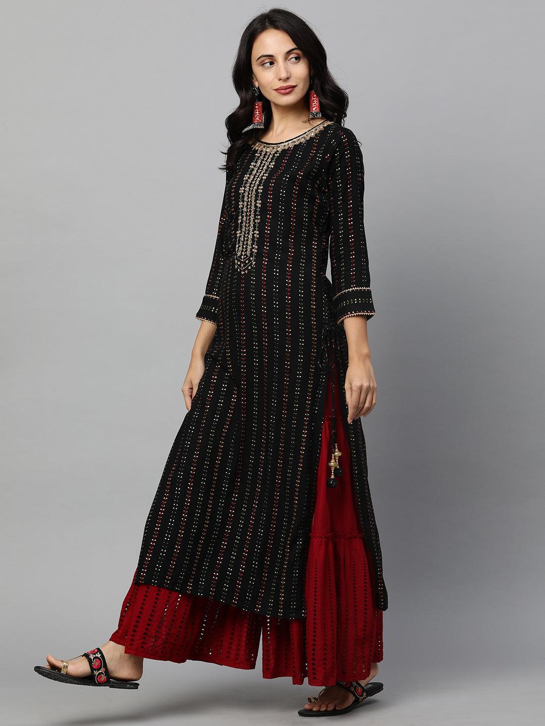 Ethnic Printed & Hand Embroidered Straight Kurta - Black - Indiakreations