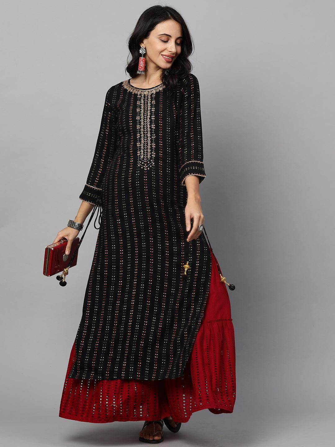 Ethnic Printed & Hand Embroidered Straight Kurta - Black - Indiakreations