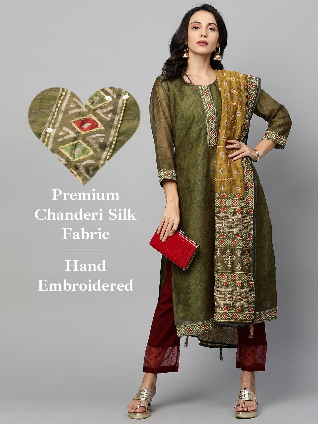 Kantha Embroidered Kurta with Printed Dupatta - Dark Green - Indiakreations