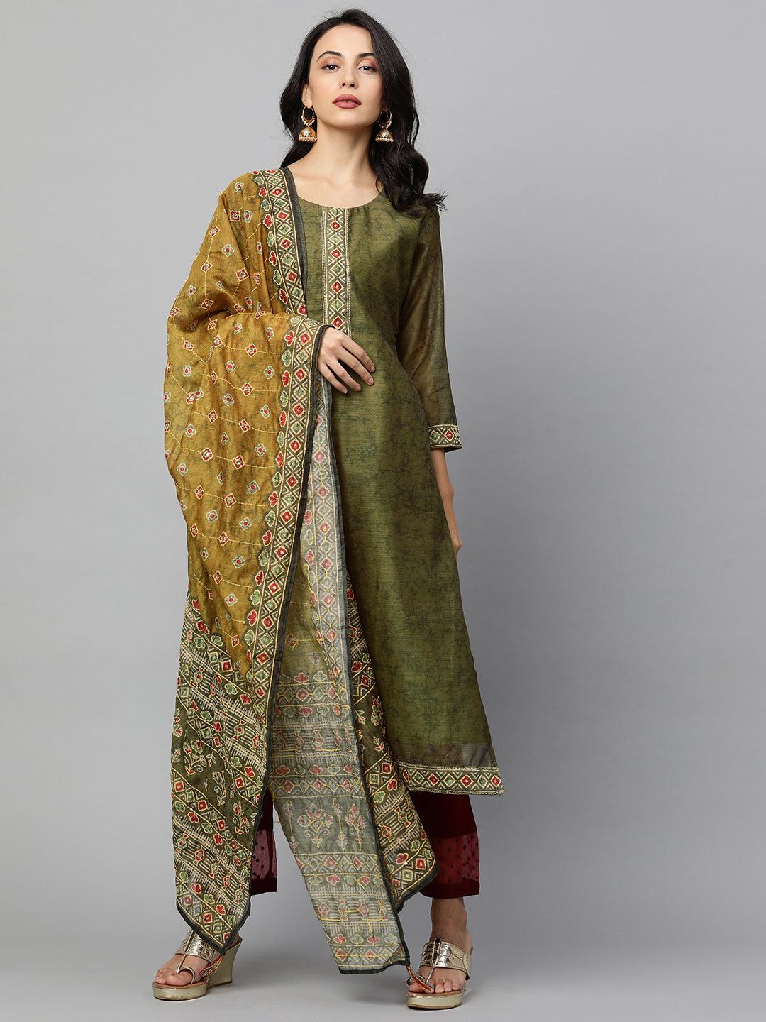 Kantha Embroidered Kurta with Printed Dupatta - Dark Green - Indiakreations