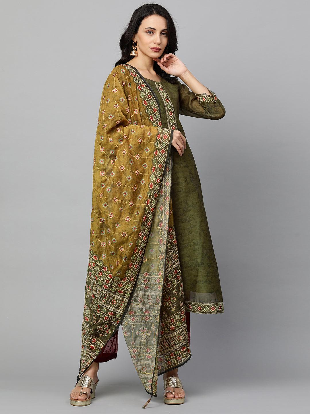 Kantha Embroidered Kurta with Printed Dupatta - Dark Green - Indiakreations