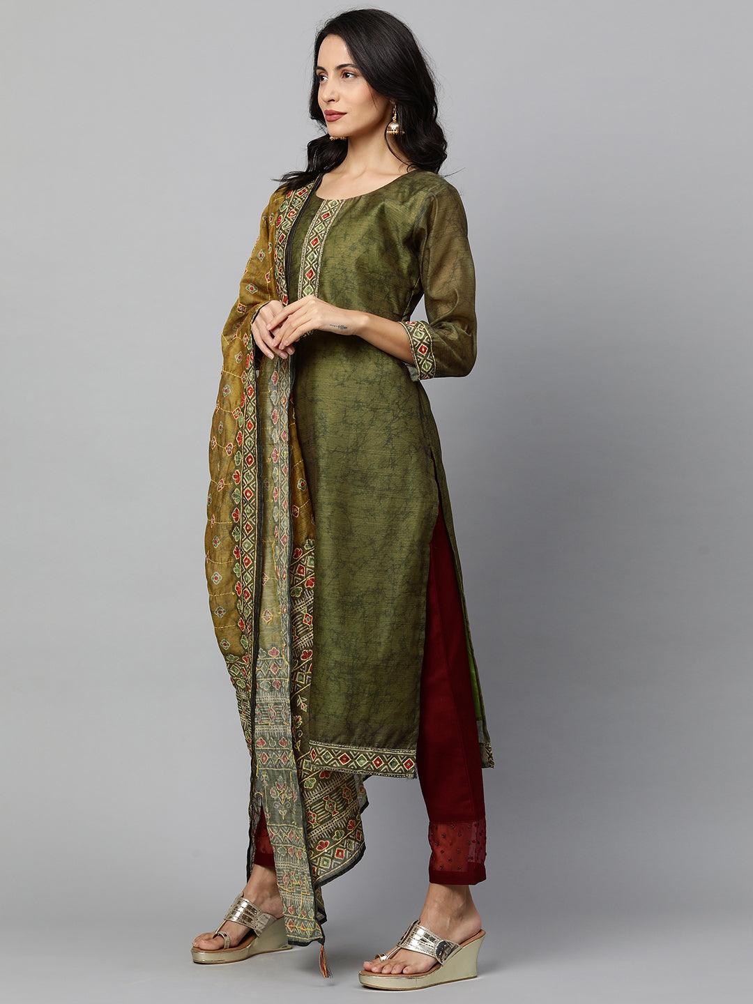 Kantha Embroidered Kurta with Printed Dupatta - Dark Green - Indiakreations