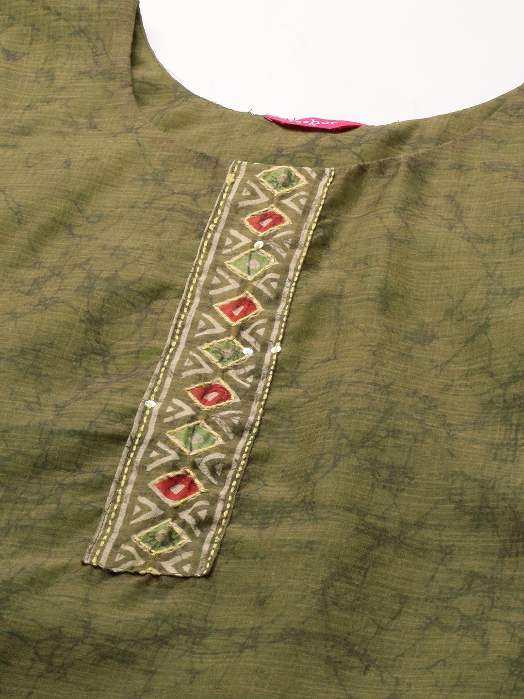 Kantha Embroidered Kurta with Printed Dupatta - Dark Green - Indiakreations