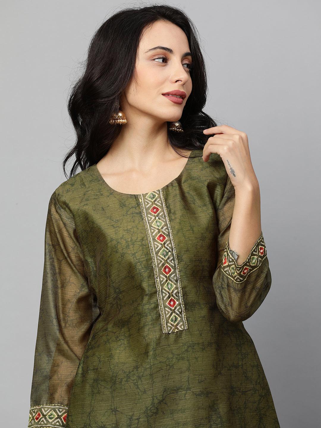 Kantha Embroidered Kurta with Printed Dupatta - Dark Green - Indiakreations