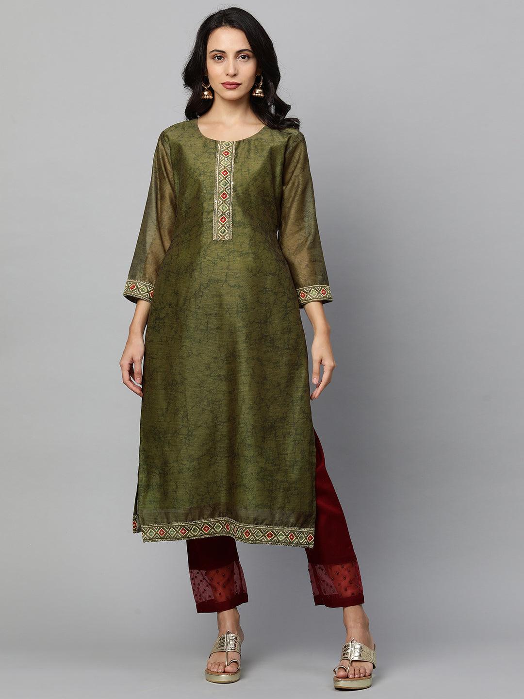 Kantha Embroidered Kurta with Printed Dupatta - Dark Green - Indiakreations