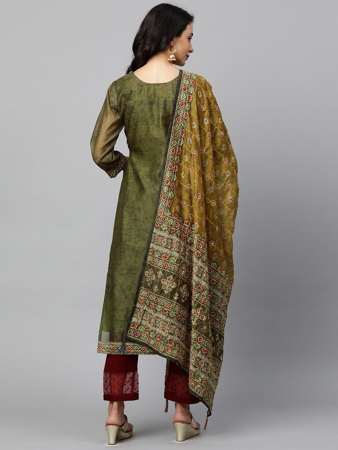 Kantha Embroidered Kurta with Printed Dupatta - Dark Green - Indiakreations