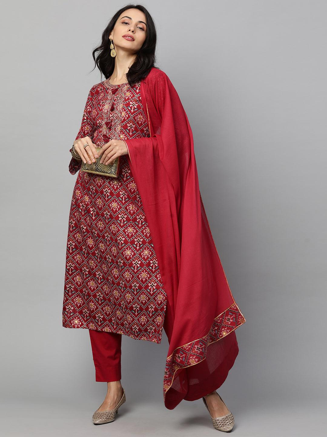 Woven Patola Kurta & Solid Pant with Dupatta - Crimson Red - Indiakreations