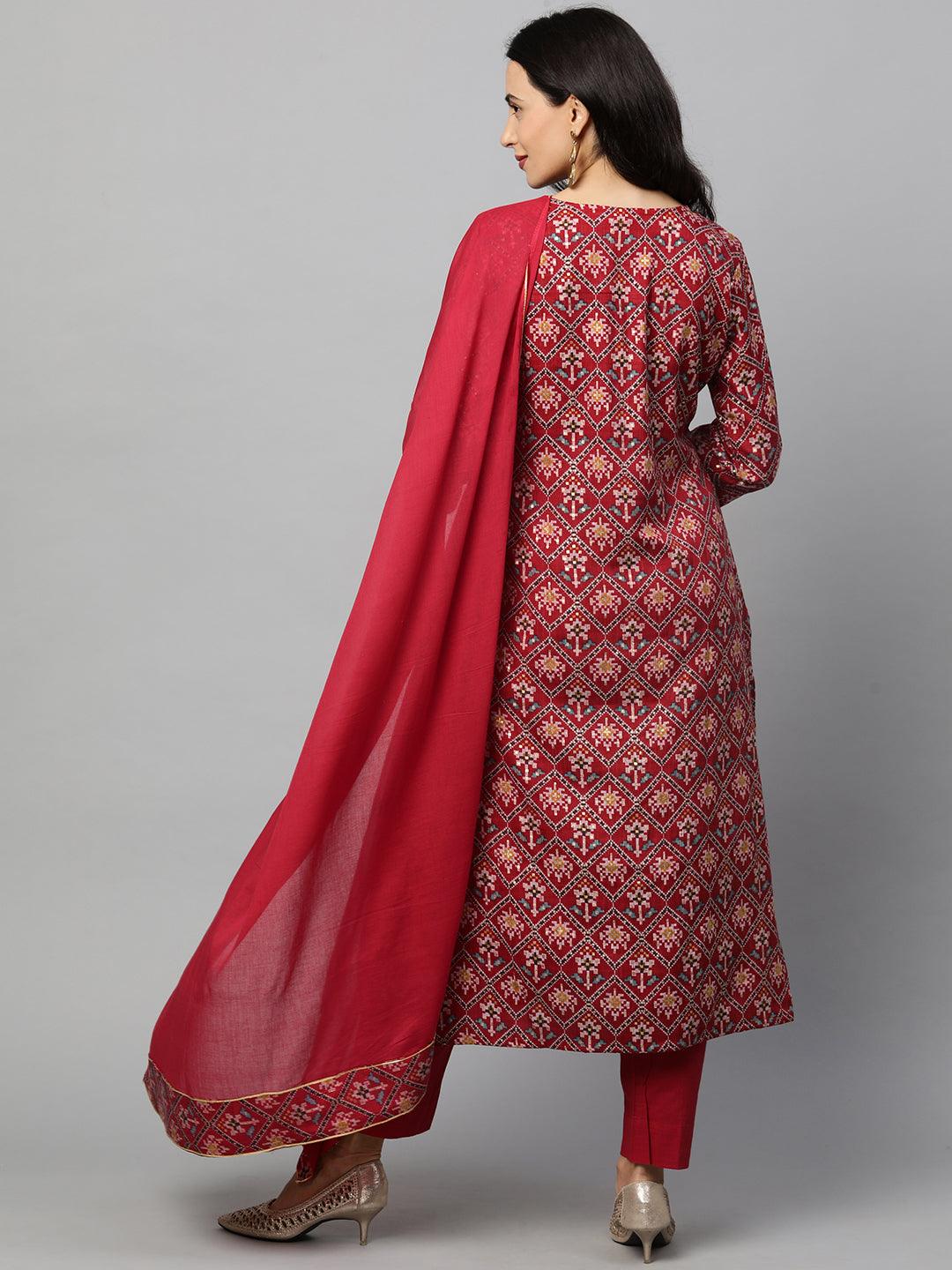 Woven Patola Kurta & Solid Pant with Dupatta - Crimson Red - Indiakreations