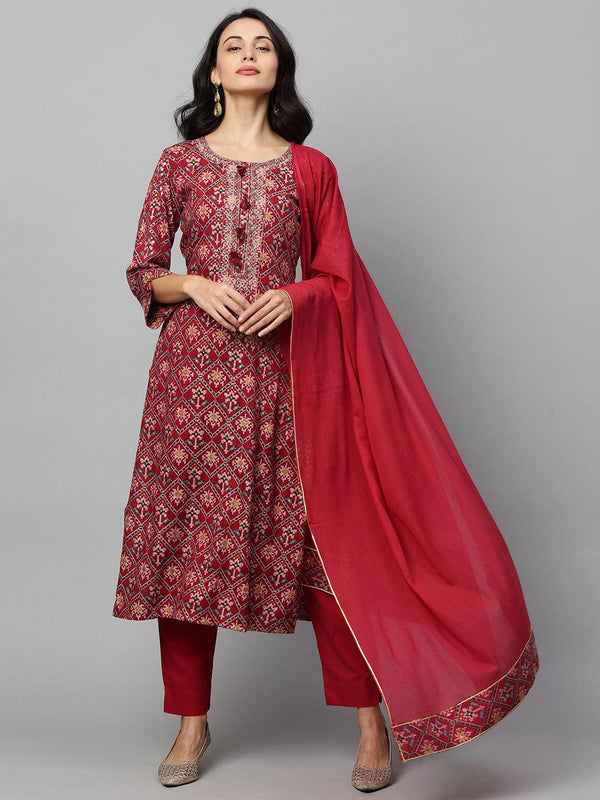 Woven Patola Kurta & Solid Pant with Dupatta - Crimson Red - Indiakreations