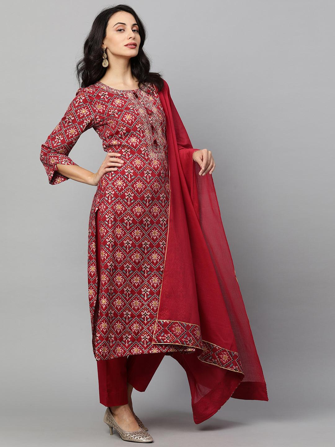 Woven Patola Kurta & Solid Pant with Dupatta - Crimson Red - Indiakreations