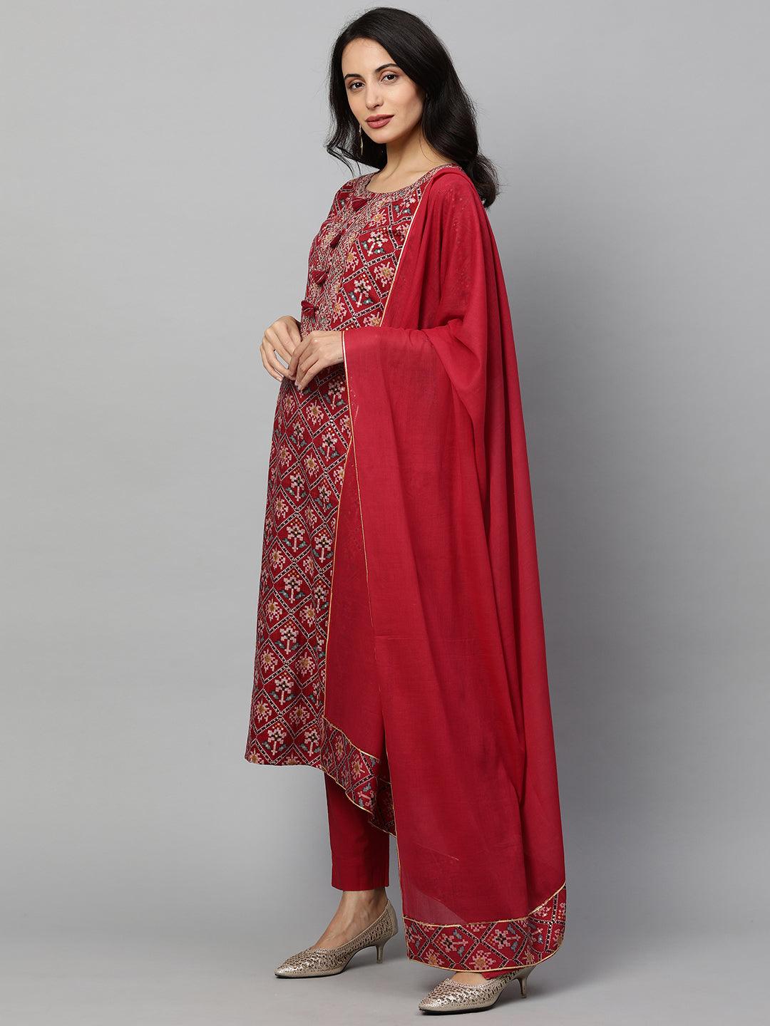 Woven Patola Kurta & Solid Pant with Dupatta - Crimson Red - Indiakreations