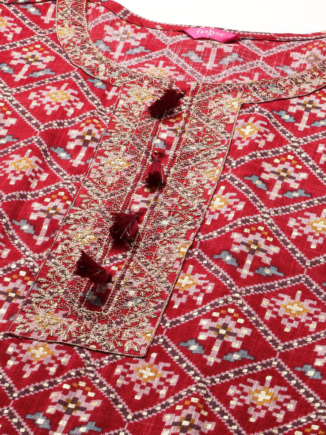 Woven Patola Kurta & Solid Pant with Dupatta - Crimson Red - Indiakreations