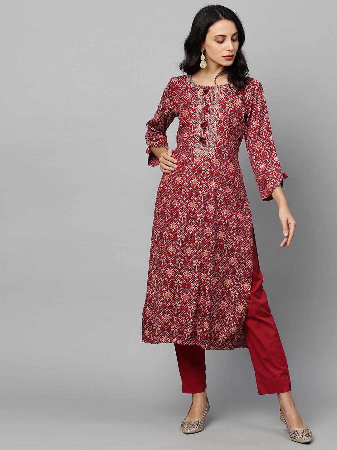 Woven Patola Kurta & Solid Pant with Dupatta - Crimson Red - Indiakreations