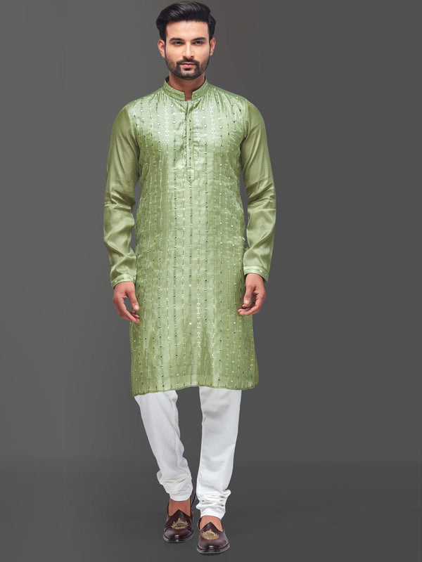 Shiny Green Toned Cotton Silk Kurta with Threadwork and Sequence