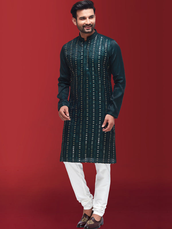 Stripped Simple Work on Dark Green Kurta for Men