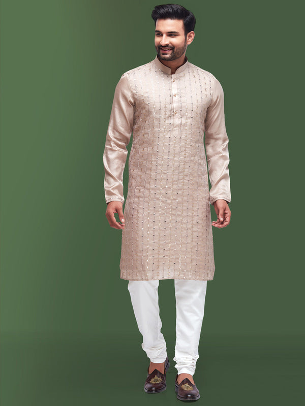 Richly Embroidered Cream Cotton Silk Kurta for Men